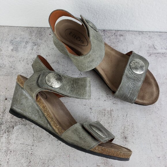 TAOS Carousel 2 Cork Wedge Leather Sandal Gray size 38 US 7/7.5 Lagenlook Boho - Picture 1 of 16